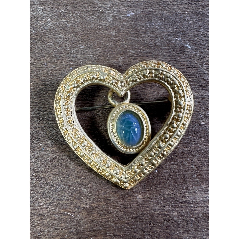 Vintage Heart‎ Pin Brooch 90s Genuine Carved Scarab Semi Precious Stone - Picture 7 of 10